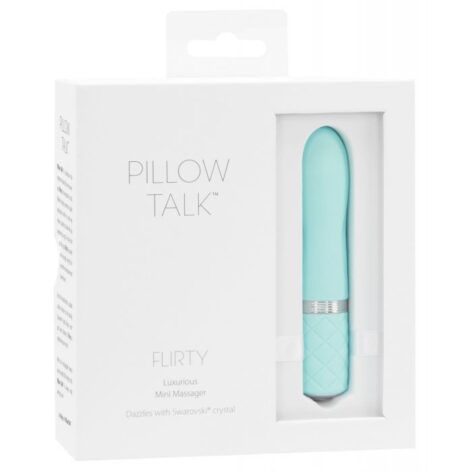 Pillow Talk Flirty Luxurious Mini Massager Bullet Vibrator in Teal with Swarovski Crystal from BMS features a soft, flexible design promotes playful exploration while its small size makes it perfect to take with you anywhere you go.