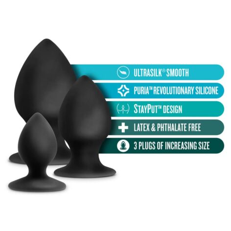 Anal Adventures Stout Plug Kit 3pc Black Silicone, Blush