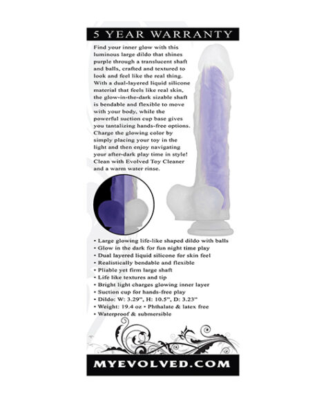 Luminous Dildo Stud 10.5in w/Balls Glow Purple