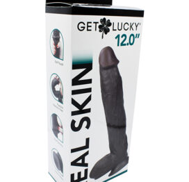 Get Lucky Real Skin Dildo 12in w/Balls Dark Brown