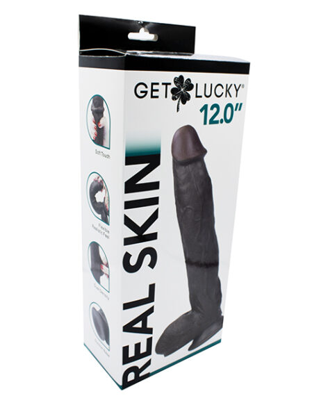 Get Lucky Real Skin Dildo 12in w/Balls Dark Brown