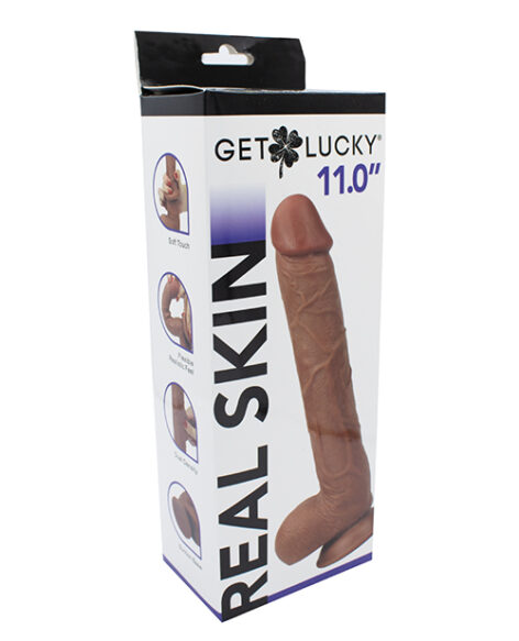 Get Lucky Real Skin Dildo 11in w/Balls Light Brown