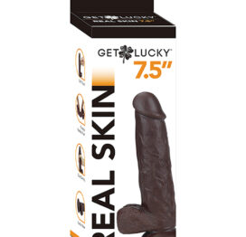 Get Lucky Real Skin Dildo 7.5in w/Balls Dark Brown