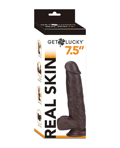 Get Lucky Real Skin Dildo 7.5in w/Balls Dark Brown