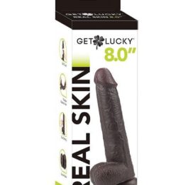 Get Lucky Real Skin Dildo 8in w/Balls Dark Brown