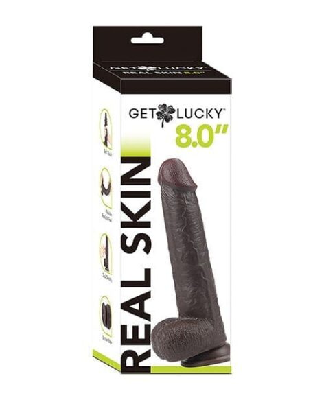 Get Lucky Real Skin Dildo 8in w/Balls Dark Brown