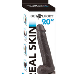 Get Lucky Real Skin Dildo 9in w/Balls Dark Brown