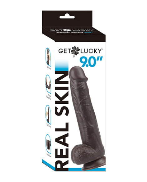 Get Lucky Real Skin Dildo 9in w/Balls Dark Brown