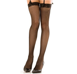 Lace Top Fishnet Thigh High Stockings Black O/S, Rene Rofe