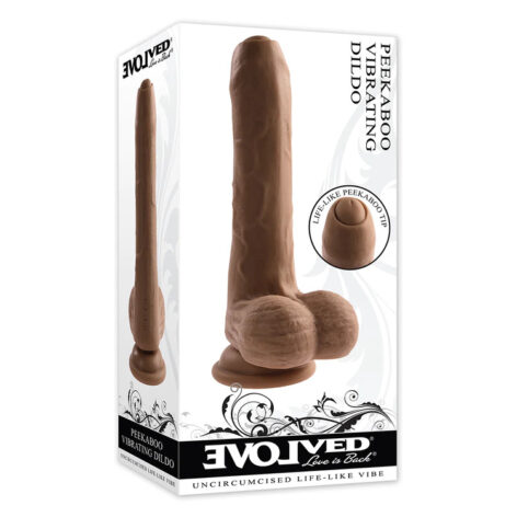 PeekABoo Uncut Vibrating Dildo 8in w/Balls Brown, Evolved