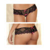 Crotchless Lace Thong w/ Bows Black, Rene Rofe