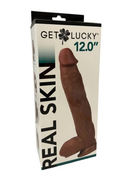 Get Lucky Real Skin Dildo 12in w/Balls Brown