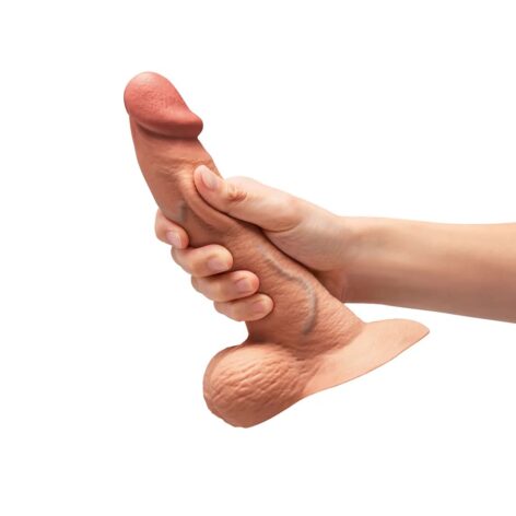 Slipskin 8" Curvy Silicone Dildo w/Balls Mocha, b-Vibe